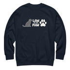 Law of the Paw® logo with seated dog and paw print on a crewneck sweatshirt in navy, front view – Kate Spain design