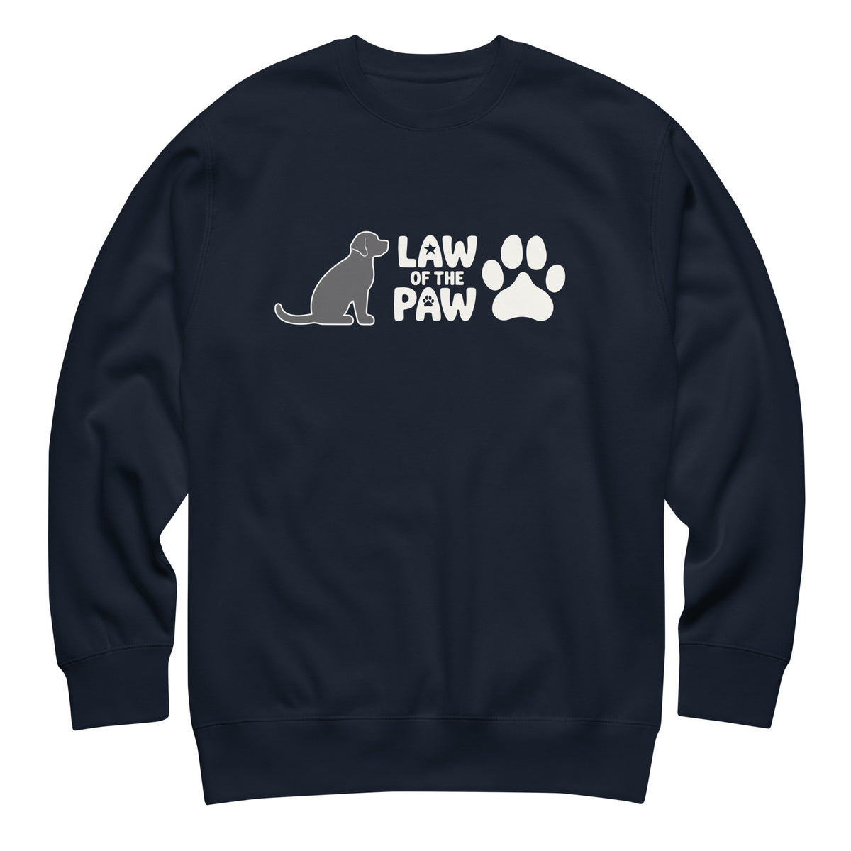 Law of the Paw® logo with seated dog and paw print on a crewneck sweatshirt in navy, front view – Kate Spain design