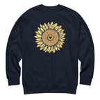 Golden sunflower with a heart center on a crewneck sweatshirt in navy, front view – Sunflowers in My Heart by Kate Spain