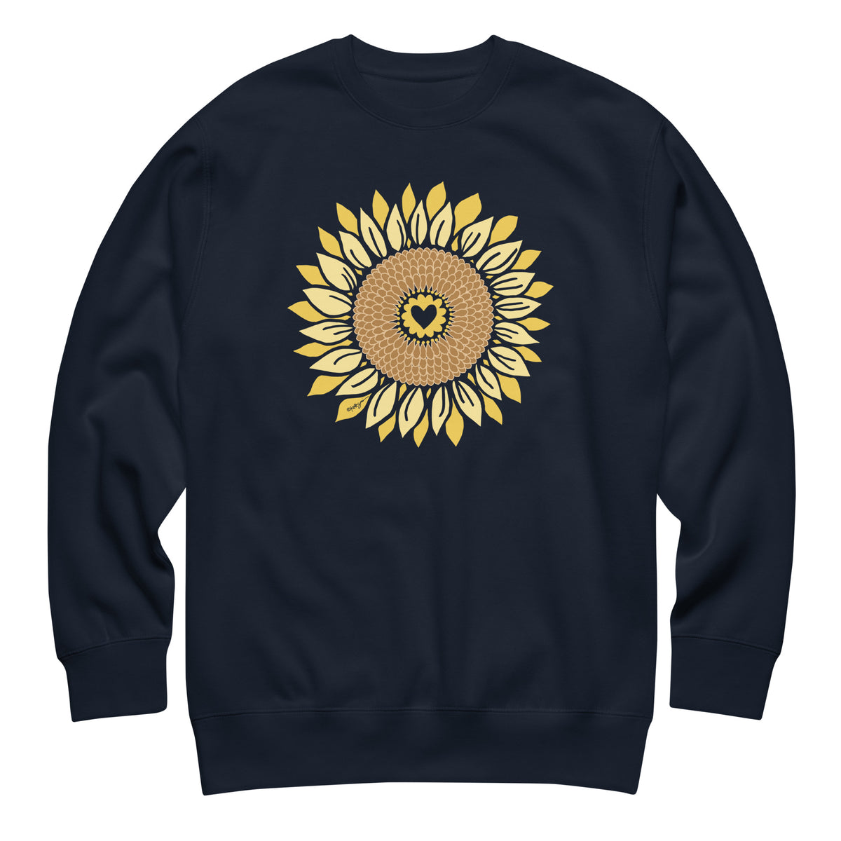 Golden sunflower with a heart center on a crewneck sweatshirt in navy, front view – Sunflowers in My Heart by Kate Spain