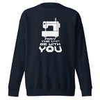 May the ¼" Be With You white sewing machine graphic on a premium sweatshirt in navy, folded close-up of the design – Kate Spain design for Pat Sloan