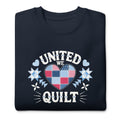 United We Quilt patchwork heart with quilt stars on a premium sweatshirt in navy, folded close-up of the design – Kate Spain design for Pat Sloan