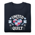 United We Quilt patchwork heart with quilt stars on a premium sweatshirt in navy, folded close-up of the design – Kate Spain design for Pat Sloan
