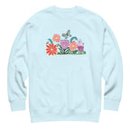 Bloom woodblock-style flowers with a butterfly, ladybug and bee on a crewneck sweatshirt in sky blue, front view – Kate Spain design