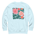 Botanica modern floral design with pink and coral blooms on a crewneck sweatshirt in sky blue, front view – Kate Spain design