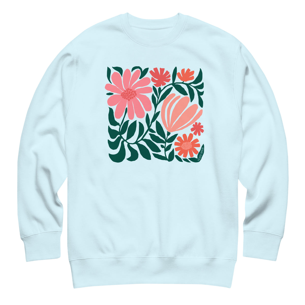 Botanica modern floral design with pink and coral blooms on a crewneck sweatshirt in sky blue, front view – Kate Spain design
