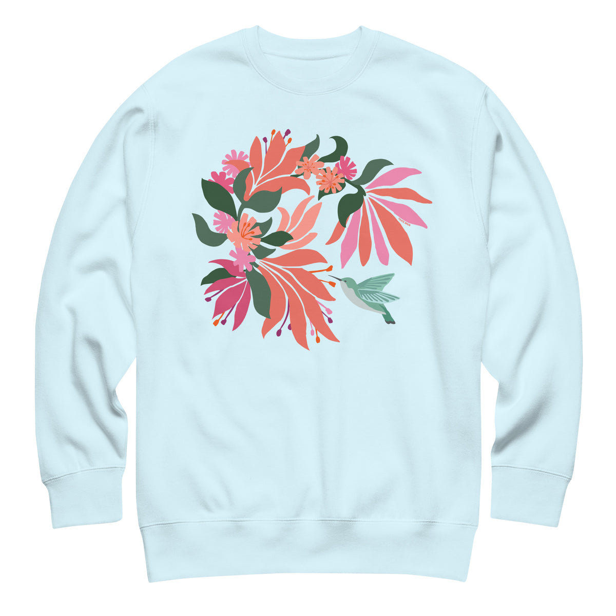 Hummingbird among coral tropical flowers on a crewneck sweatshirt in sky blue, front view – Kate Spain design