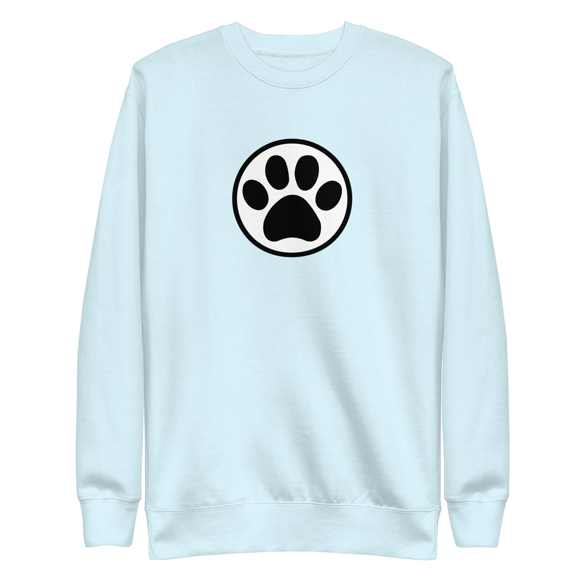 Law of the Paw® cat paw print on a crewneck sweatshirt in sky blue, front view – Kate Spain design