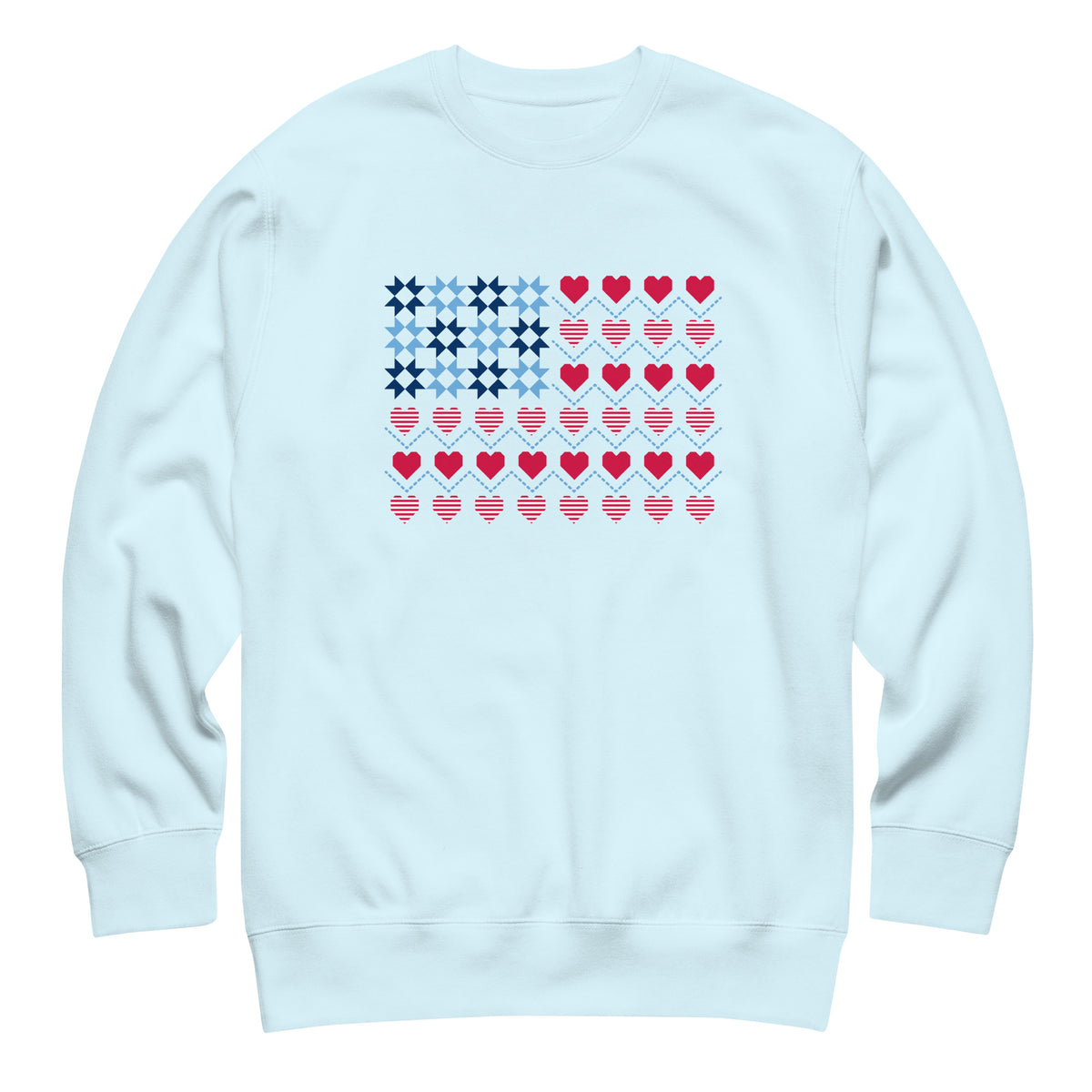 United We Quilt patchwork flag with quilt-block stars and heart stripes on a crewneck sweatshirt in sky blue, front view – Kate Spain design for Pat Sloan