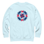 Barn Star quilt block in red, white and blue on a crewneck sweatshirt in sky blue, front view – Kate Spain design for Pat Sloan