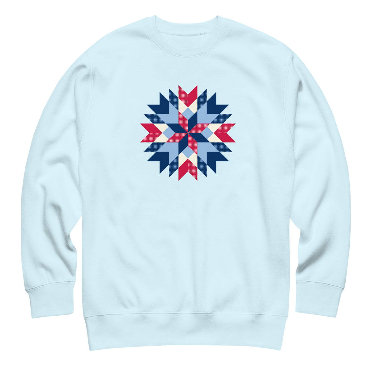 Barn Star quilt block in red, white and blue on a crewneck sweatshirt in sky blue, front view – Kate Spain design for Pat Sloan