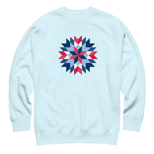 Barn Star quilt block in red, white and blue on a crewneck sweatshirt in sky blue, front view – Kate Spain design for Pat Sloan