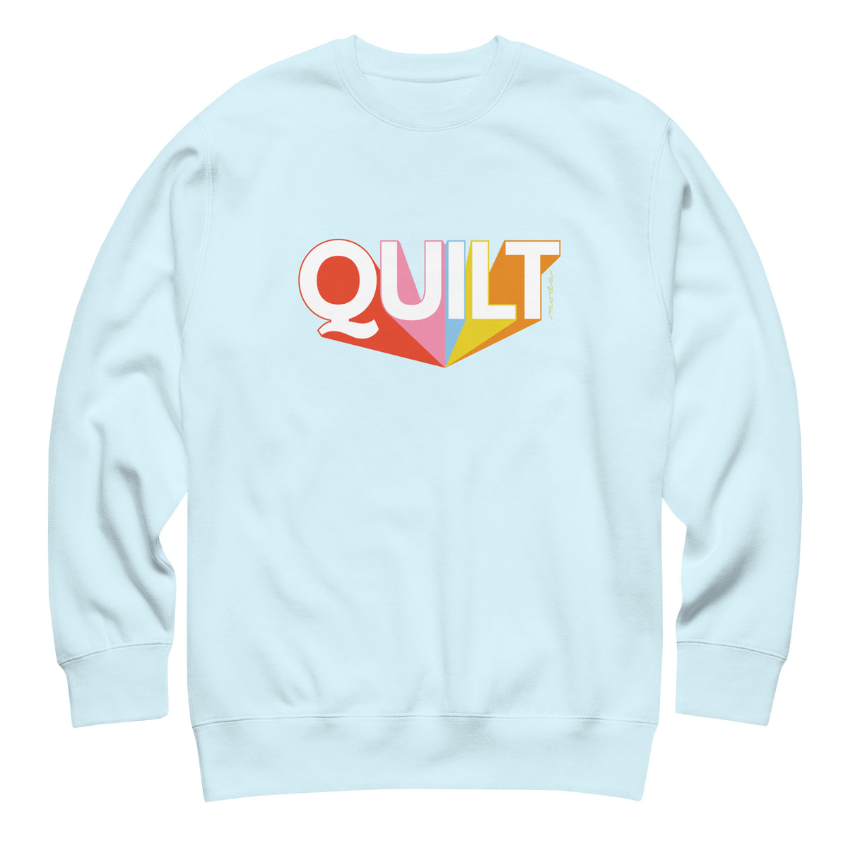 Moda QUILT logo with orange, pink, blue and yellow rays on a premium sweatshirt in sky blue, front view – Kate Spain design