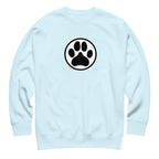 Law of the Paw® dog paw print on a crewneck sweatshirt in sky blue, front view – Kate Spain design