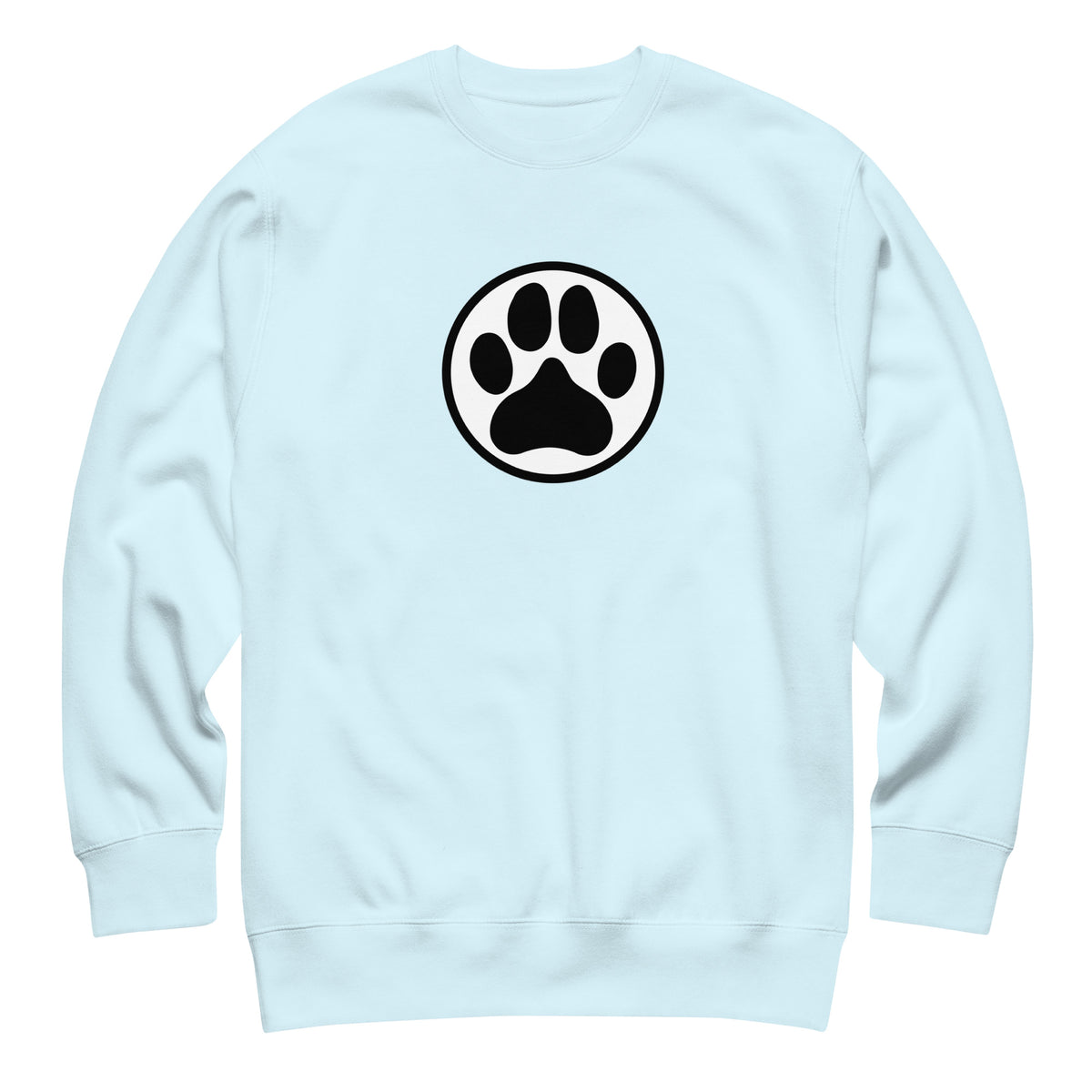Law of the Paw® dog paw print on a crewneck sweatshirt in sky blue, front view – Kate Spain design
