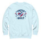 United We Quilt patchwork heart with quilt stars on a premium sweatshirt in sky blue, front view – Kate Spain design for Pat Sloan