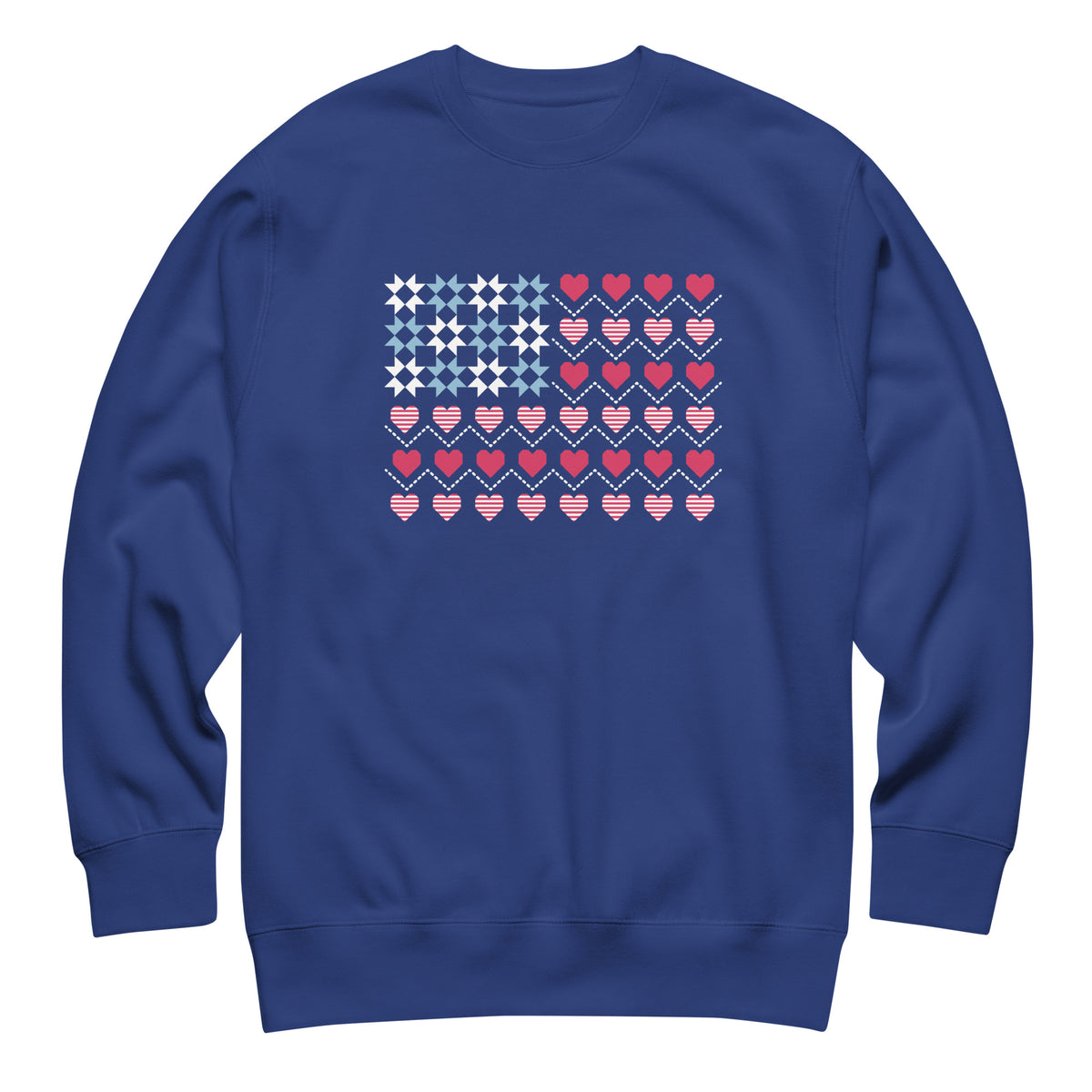 United We Quilt patchwork flag with quilt-block stars and heart stripes on a crewneck sweatshirt in royal blue, front view – Kate Spain design for Pat Sloan