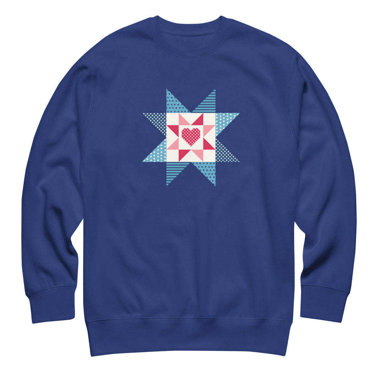 Liberty Love star quilt block with a heart in red, white and blue on a crewneck sweatshirt in royal blue, front view – Kate Spain design for Pat Sloan