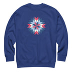 Barn Star quilt block in red, white and blue on a crewneck sweatshirt in royal blue, front view – Kate Spain design for Pat Sloan