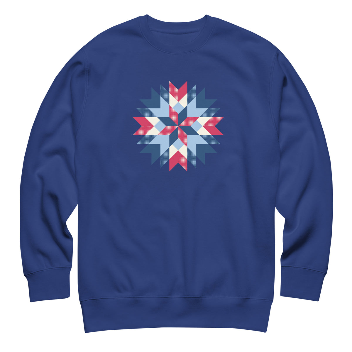 Barn Star quilt block in red, white and blue on a crewneck sweatshirt in royal blue, front view – Kate Spain design for Pat Sloan