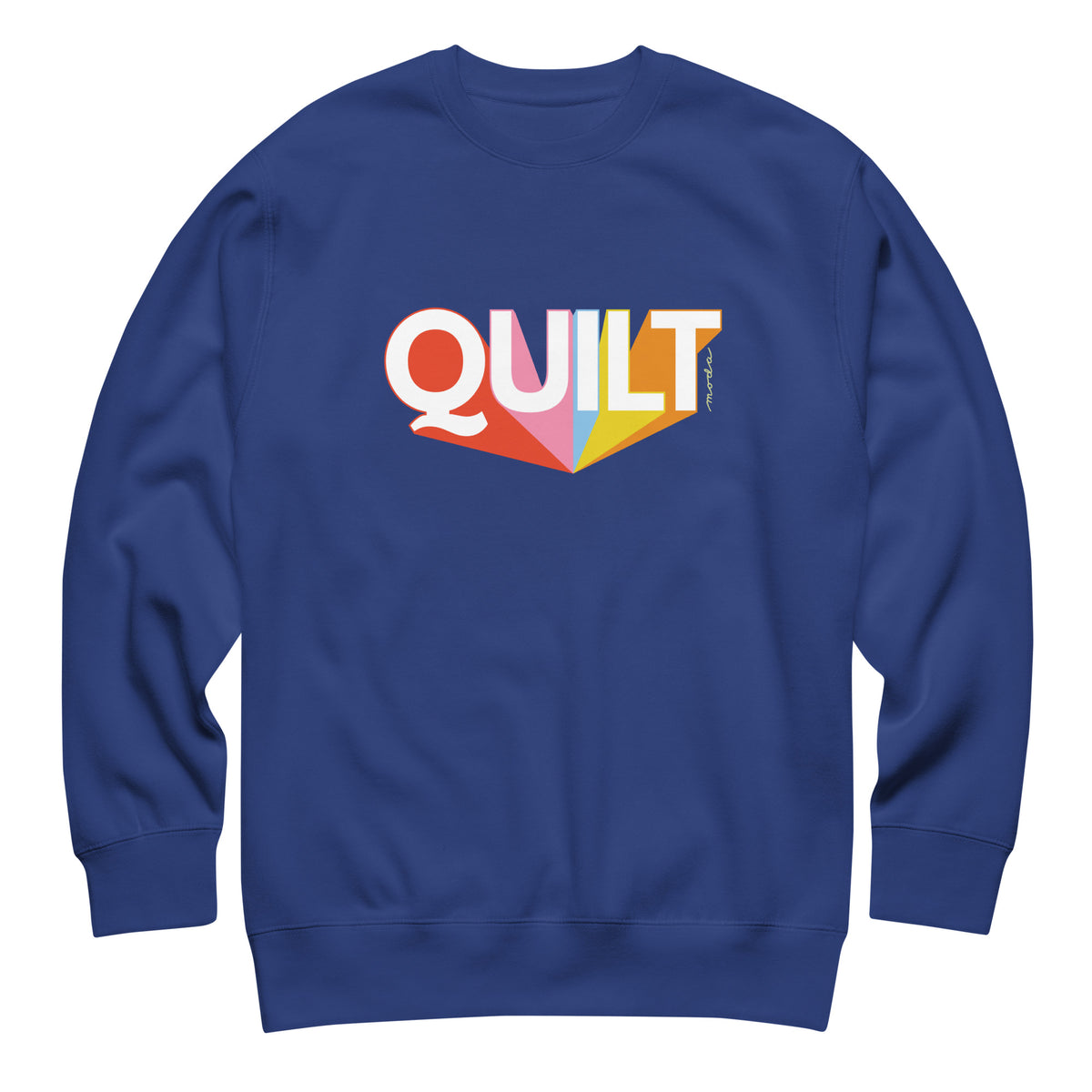 Moda QUILT logo with orange, pink, blue and yellow rays on a premium sweatshirt in royal blue, front view – Kate Spain design