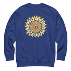 Golden sunflower with a heart center on a crewneck sweatshirt in royal blue, front view – Sunflowers in My Heart by Kate Spain