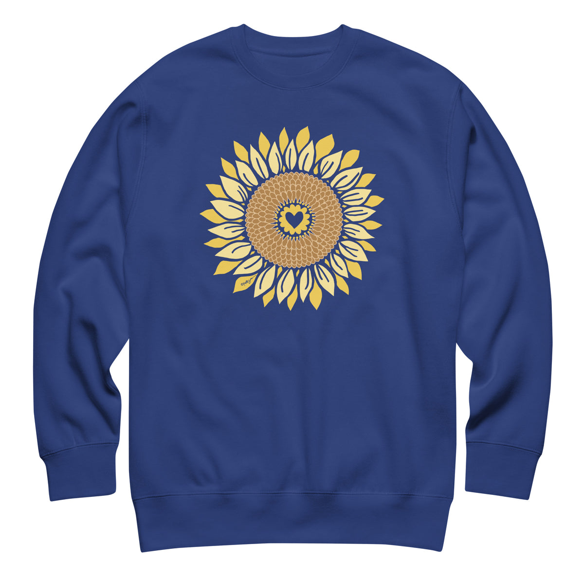 Golden sunflower with a heart center on a crewneck sweatshirt in royal blue, front view – Sunflowers in My Heart by Kate Spain
