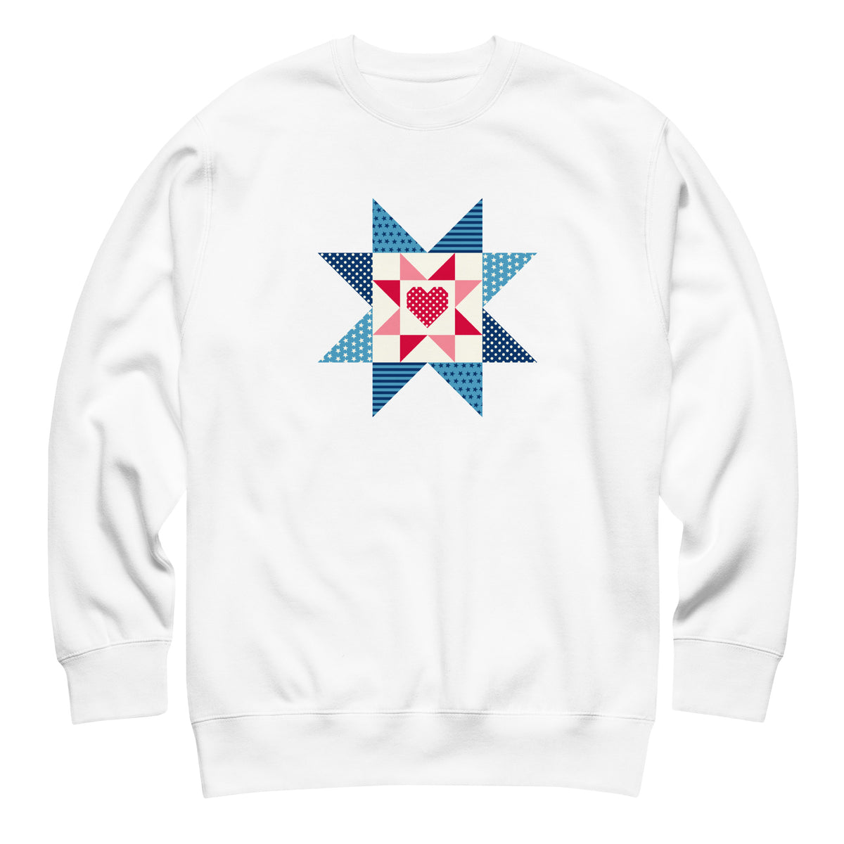 Liberty Love star quilt block with a heart in red, white and blue on a crewneck sweatshirt in white, front view – Kate Spain design for Pat Sloan