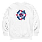 Barn Star quilt block in red, white and blue on a crewneck sweatshirt in white, front view – Kate Spain design for Pat Sloan