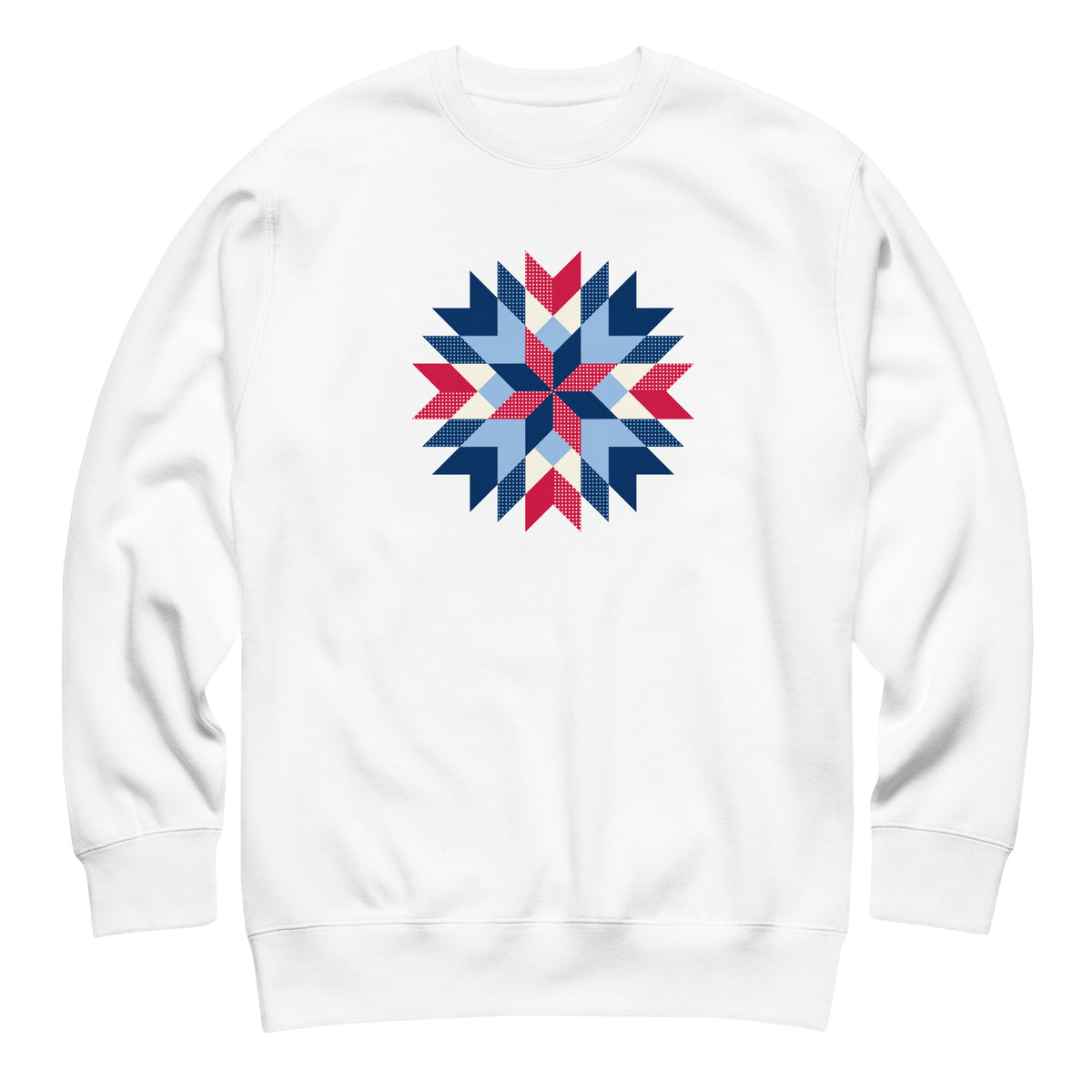 Barn Star quilt block in red, white and blue on a crewneck sweatshirt in white, front view – Kate Spain design for Pat Sloan