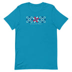 Firecracker quilt-block stars with script lettering in red, white and blue on a t-shirt in aqua, front view – Kate Spain design for Pat Sloan