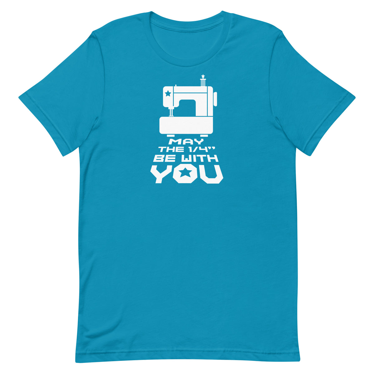 May the ¼" Be With You white sewing machine graphic on a staple t-shirt in aqua, front view – Kate Spain design for Pat Sloan