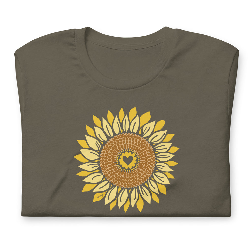Golden sunflower with a heart center on a crewneck t-shirt in army green, folded close-up of the design – Sunflowers in My Heart by Kate Spain