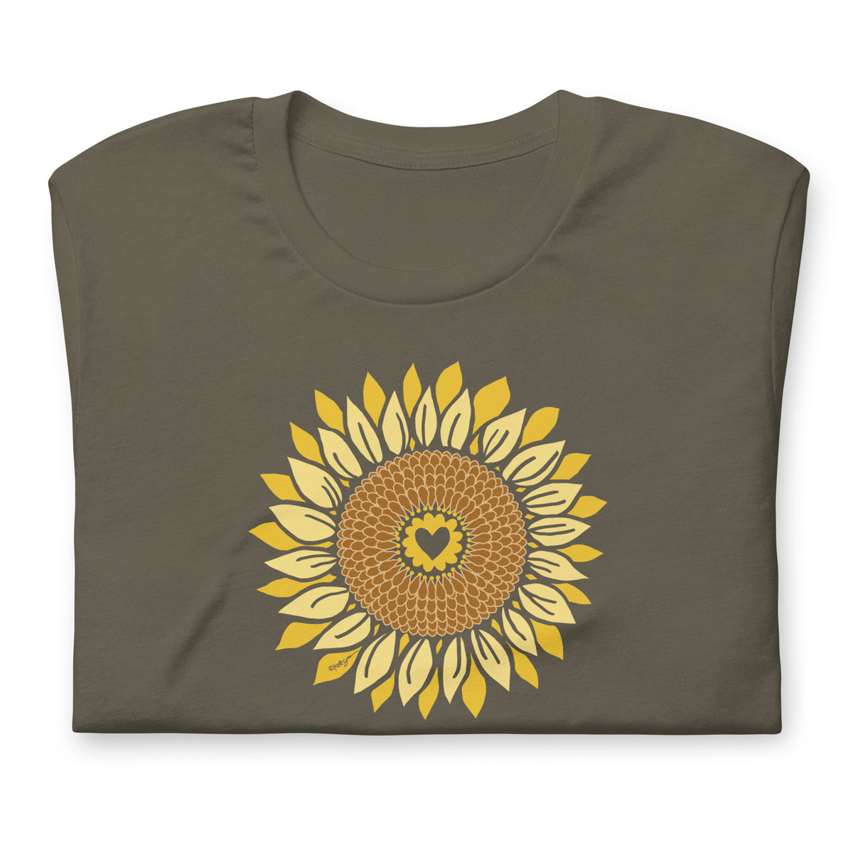 Golden sunflower with a heart center on a crewneck t-shirt in army green, folded close-up of the design – Sunflowers in My Heart by Kate Spain