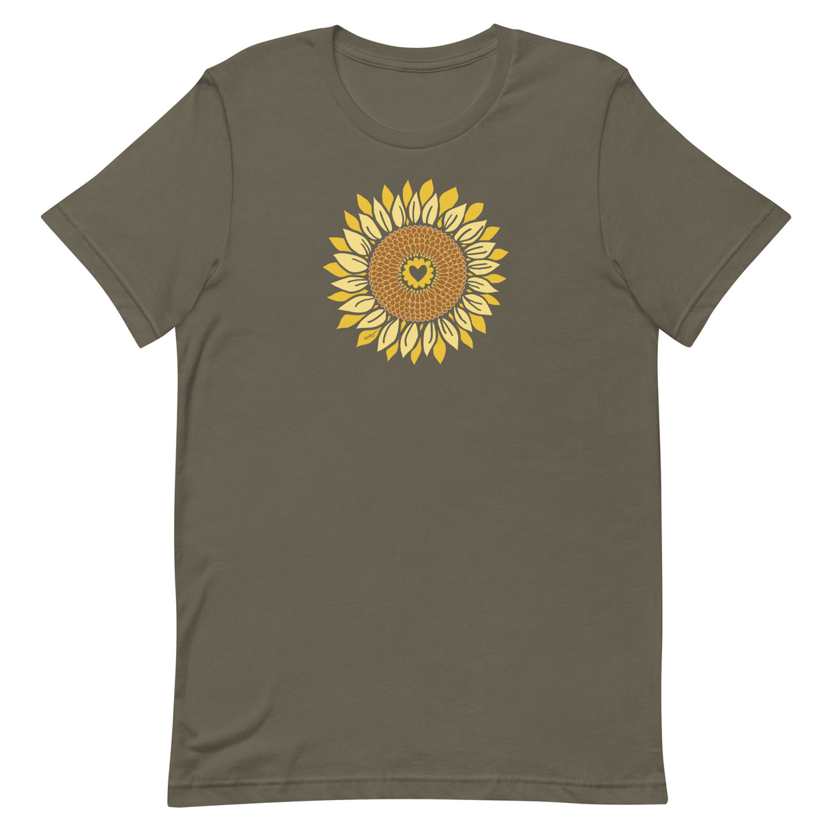Golden sunflower with a heart center on a crewneck t-shirt in army green, front view – Sunflowers in My Heart by Kate Spain