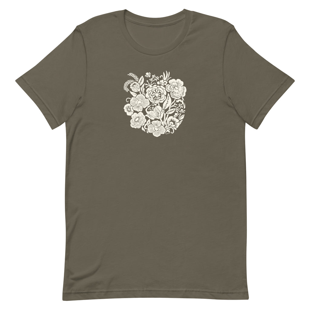Meadowsweet woodblock-style bouquet of wildflowers on a t-shirt in army green, front view – Kate Spain design