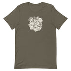Meadowsweet woodblock-style bouquet of wildflowers on a t-shirt in army green, front view – Kate Spain design