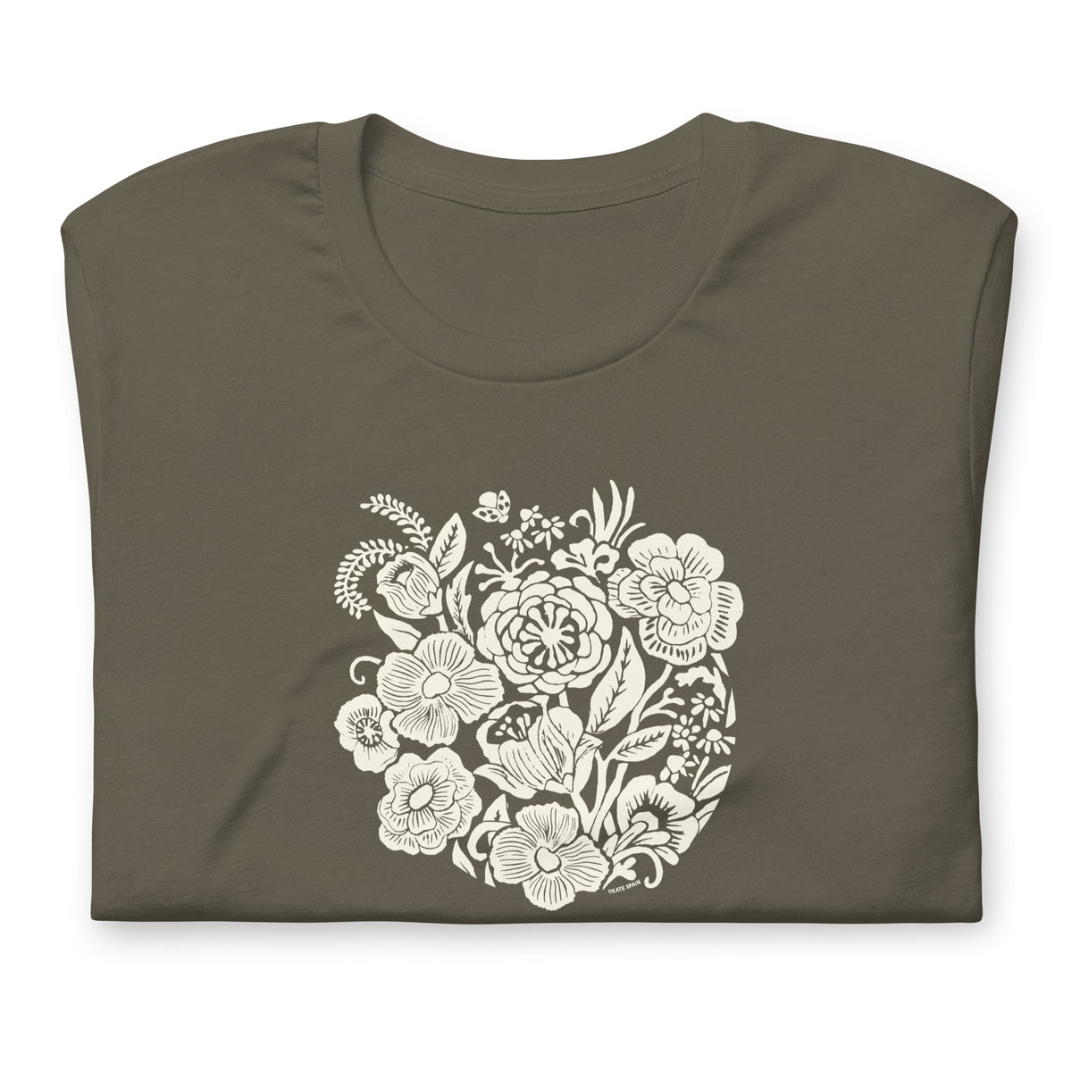 Meadowsweet woodblock-style bouquet of wildflowers on a t-shirt in army green, folded close-up of the design – Kate Spain design