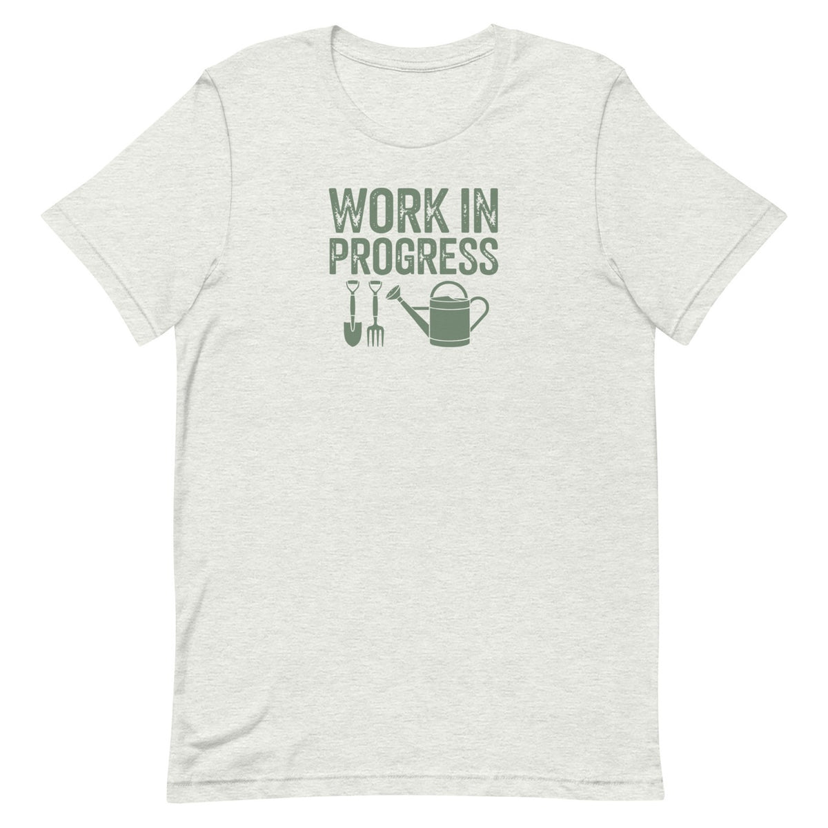 Garden Work in Progress distressed lettering with a shovel, pitchfork and watering can on a t-shirt in ash, front view – Kate Spain design