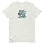 Needs Water + Sunlight hand lettering with leaf and sun accents on a t-shirt in ash, front view – Kate Spain design