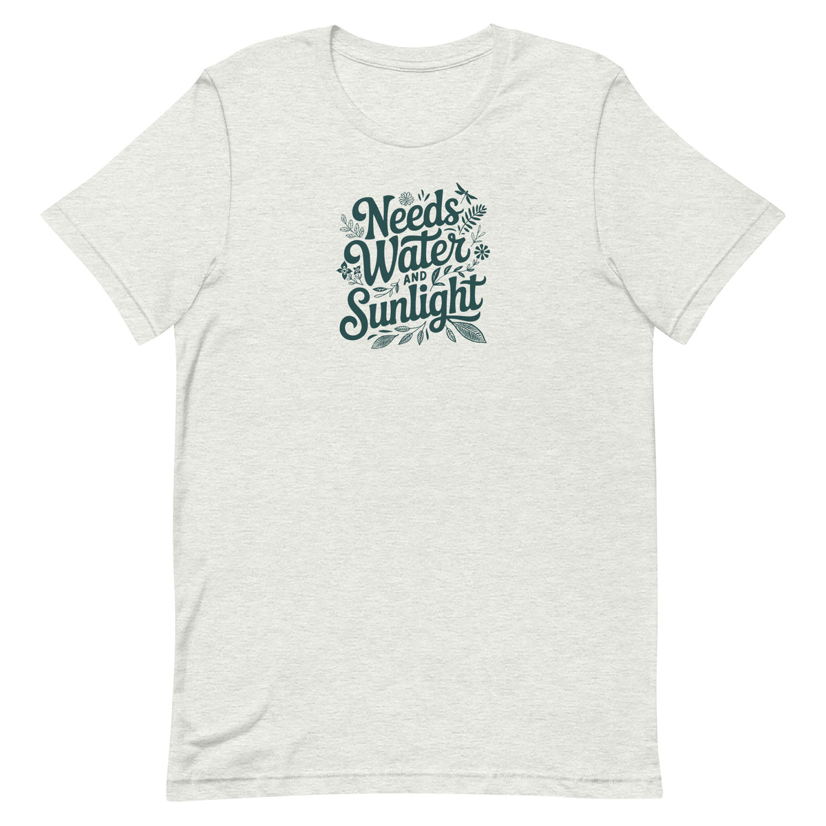 Needs Water + Sunlight hand lettering with leaf and sun accents on a t-shirt in ash, front view – Kate Spain design