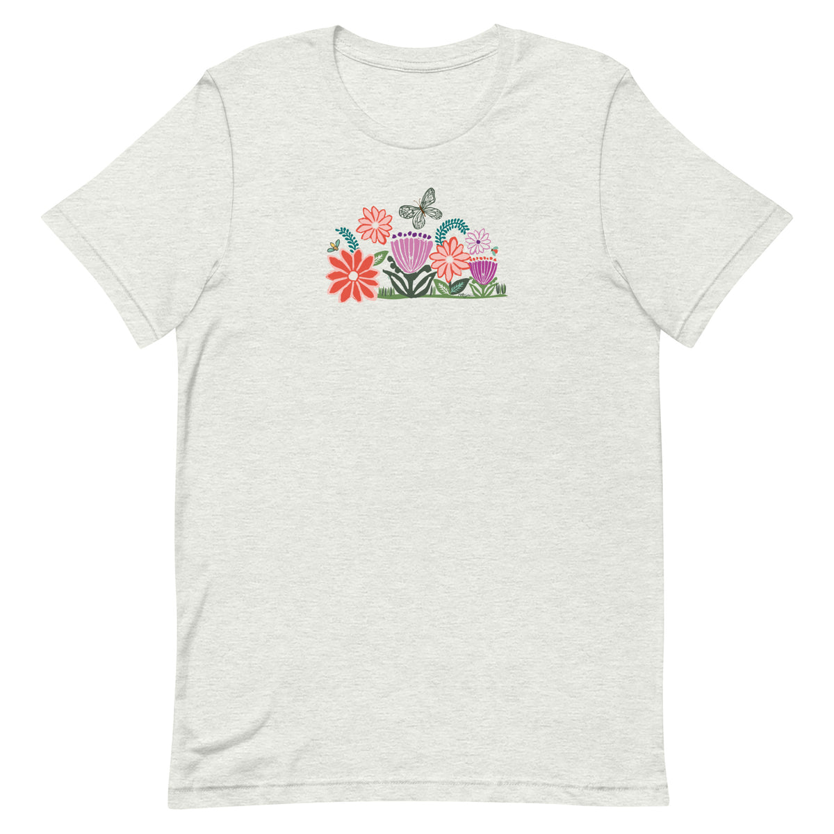 Bloom woodblock-style flowers with a butterfly, ladybug and bee on a t-shirt in ash, front view – Kate Spain design