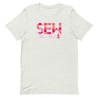 Sew Thankful patchwork lettering with a heart-topped thread spool on a t-shirt in ash, front view – Kate Spain design for Pat Sloan