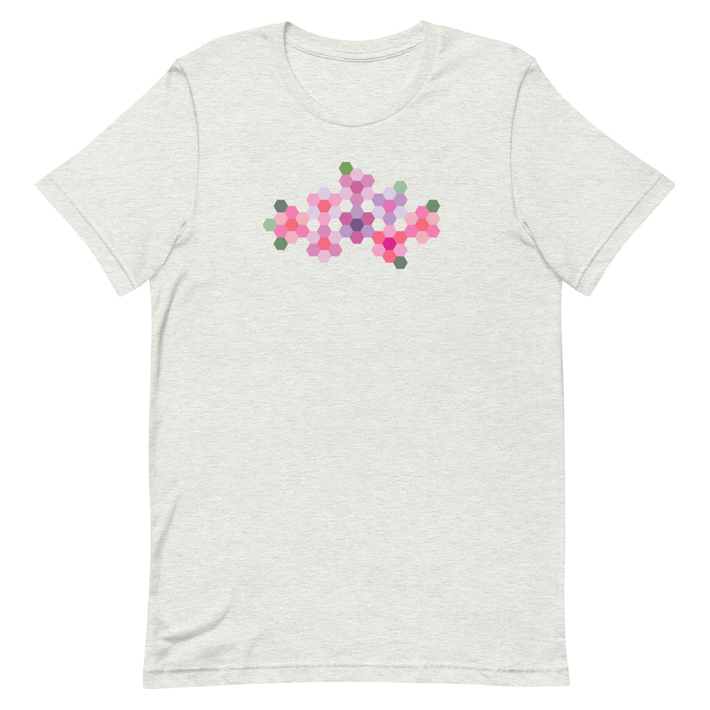 Pink GeoFlora hexagon flowers in pinks, mauves and sage on a t-shirt in ash, front view – Kate Spain design for Pat Sloan