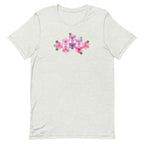 Pink GeoFlora hexagon flowers in pinks, mauves and sage on a t-shirt in ash, front view – Kate Spain design for Pat Sloan