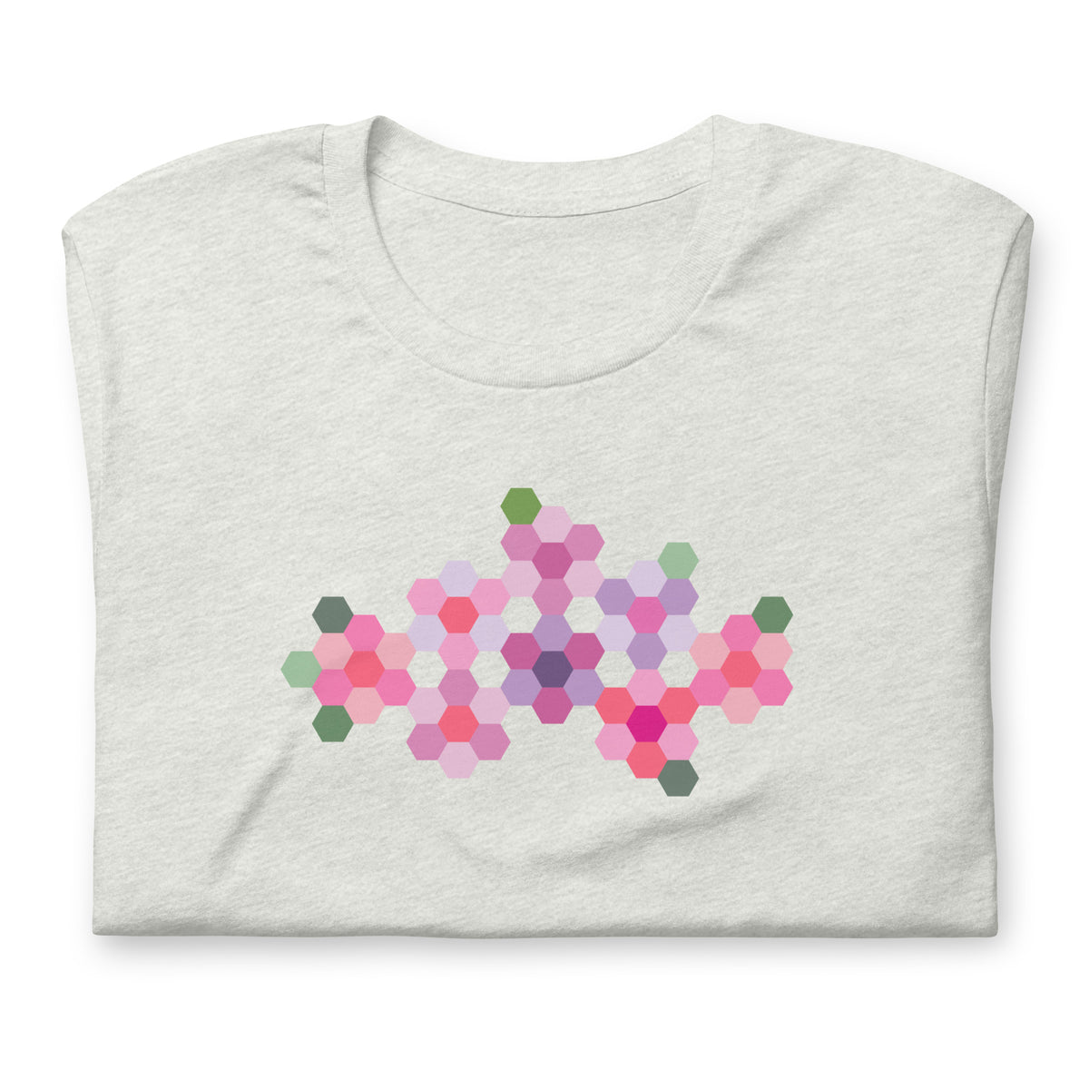 Pink GeoFlora hexagon flowers in pinks, mauves and sage on a t-shirt in ash, folded close-up of the design – Kate Spain design for Pat Sloan