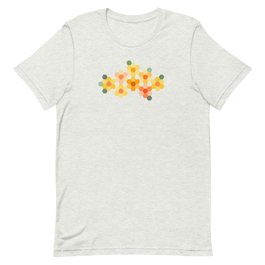 Yellow GeoFlora hexagon flowers in golden yellow, orange, coral and sage on a t-shirt in ash, front view – Kate Spain design for Pat Sloan