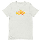 Yellow GeoFlora hexagon flowers in golden yellow, orange, coral and sage on a t-shirt in ash, front view – Kate Spain design for Pat Sloan
