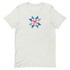 Liberty Love star quilt block with a heart in red, white and blue on a t-shirt in ash, front view – Kate Spain design for Pat Sloan