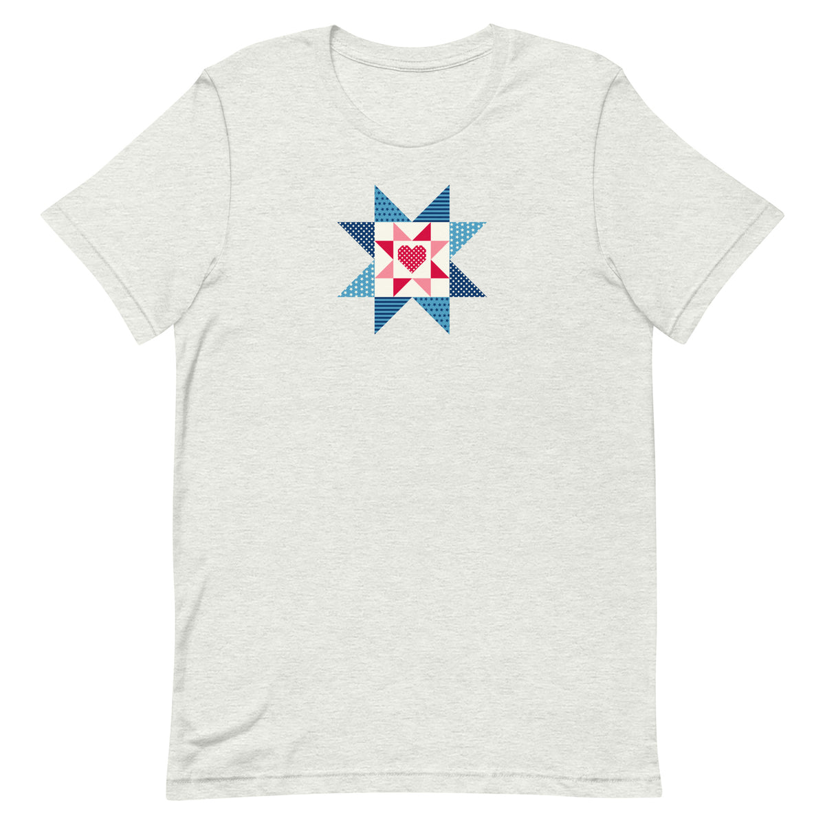 Liberty Love star quilt block with a heart in red, white and blue on a t-shirt in ash, front view – Kate Spain design for Pat Sloan